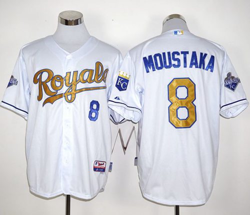 Royals #8 Mike Moustakas White 2015 World Series Champions Gold Program Stitched MLB Jersey